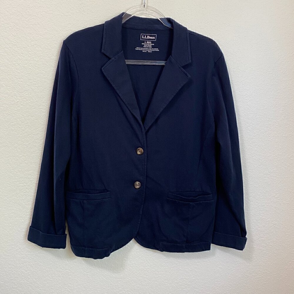 L.L. Bean Cotton 2 Button Blazer Misses Large Regular Navy Blue with Pockets